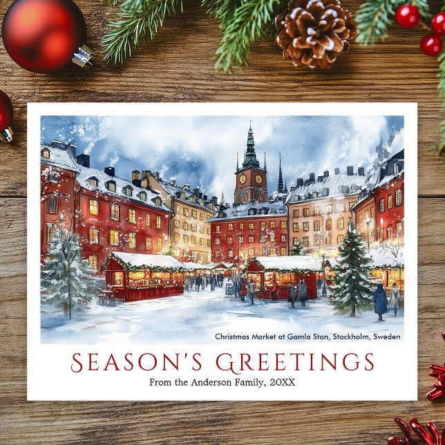 Watercolor jul Gamla Stan Stockholm Sverige Helg Vykort (Watercolor Christmas Market Gamla Stan Stockholm Holiday Postcard)