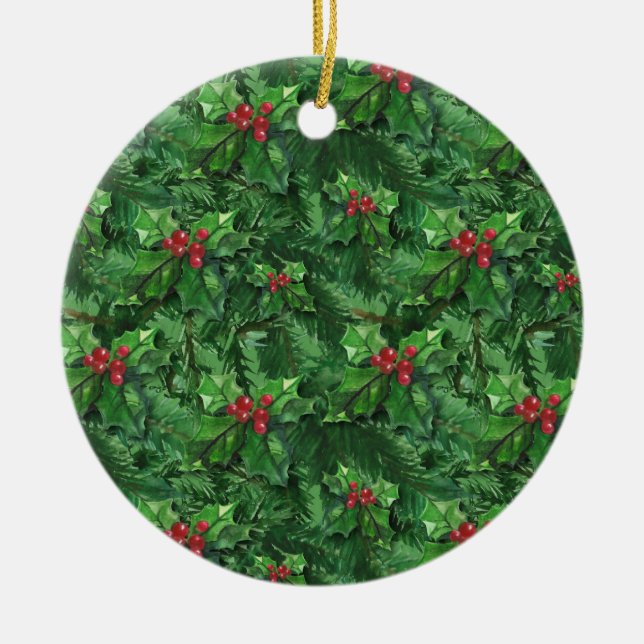 Watercolor jul Holly Berries Julgransprydnad Keramik (Framsidan)