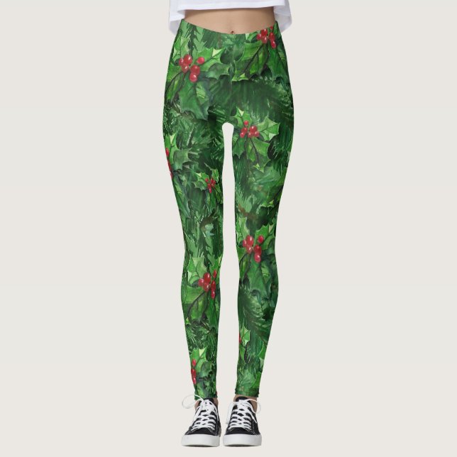 Watercolor jul Holly Berries Leggings (Framsida)