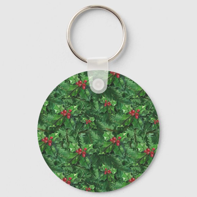 Watercolor jul Holly Berries Nyckelring (Framsida)