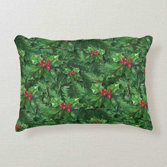 Watercolor jul Holly Berries Prydnadskudde (Framsidan)
