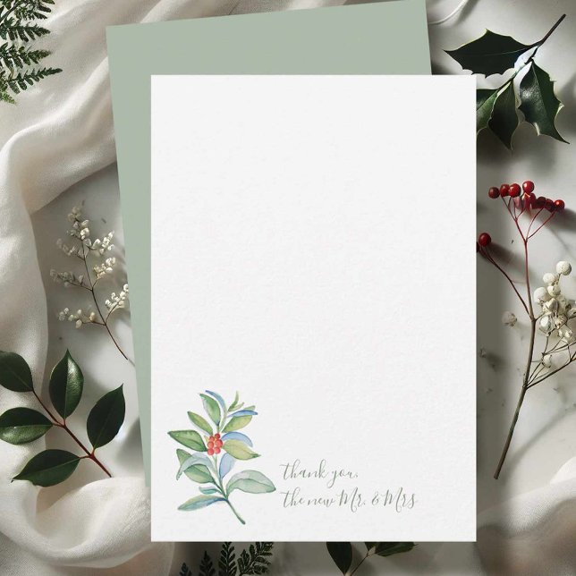 Watercolor jul Holly & Berries Tack Anteckningskort (Christmas thank you card watercolor botanical art by Victoria Grigaliunas of Do Tell A Belle)