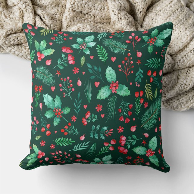 Watercolor jul Holly Red Berries Blommigt Kudde (Watercolor Christmas Holly with Winter Botanicals Throw Pillow)