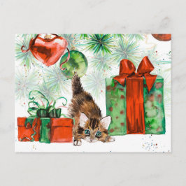 Watercolor jul Kitten Träd Presenter Helg Vykort