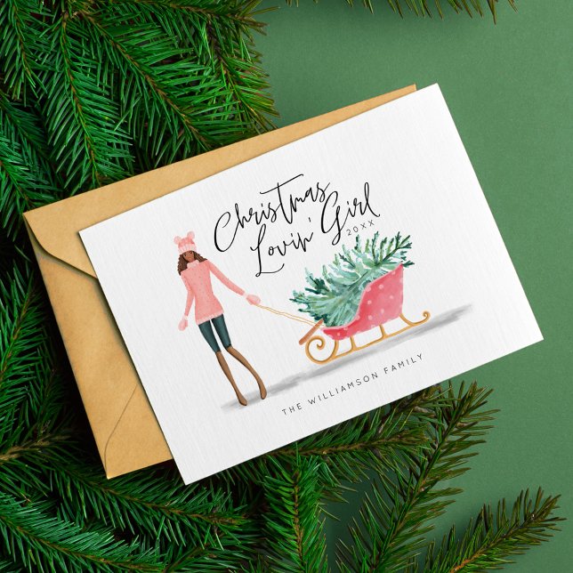 Watercolor jul Lovin'Girl Pulling Sleigh Julkort (Watercolor Christmas Lovin' Girl Pulling Sleigh Holiday Card)