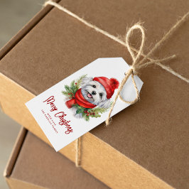 Watercolor jul, maltesisk Hund Presentetikett