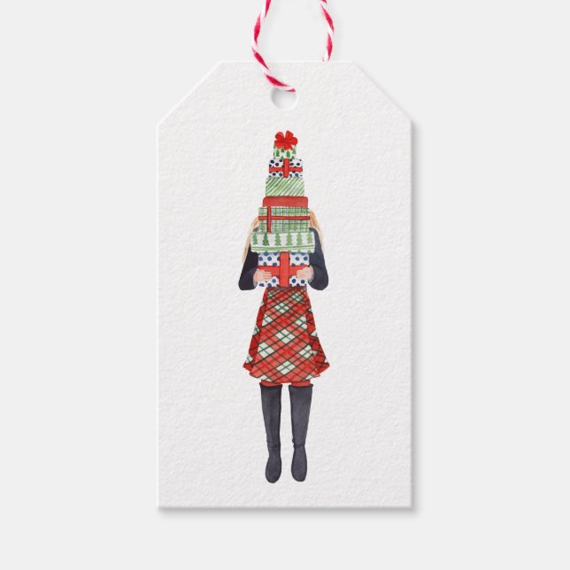 Watercolor jul Shopping Mode Girl Presentetikett (Framsidan)