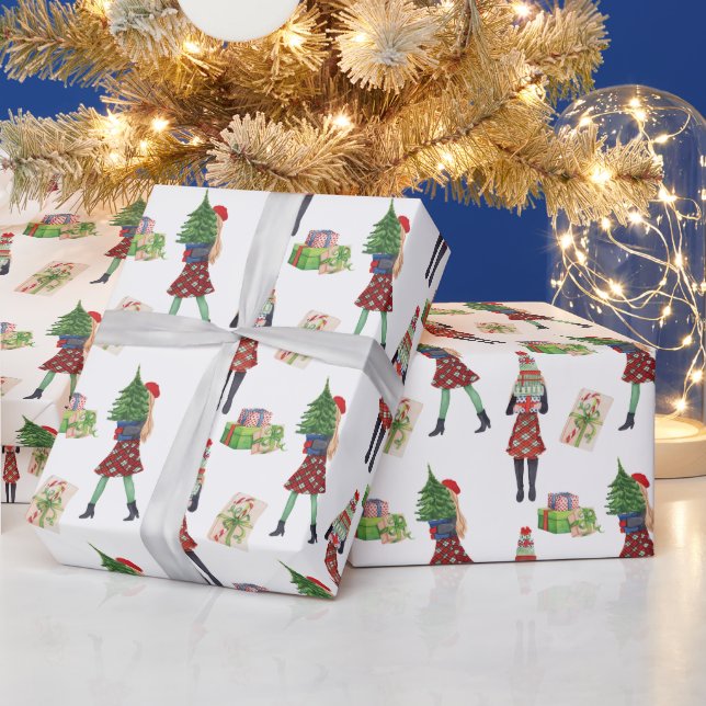 Watercolor jul Shopping Mode Girl Presentpapper (Helgdagar)