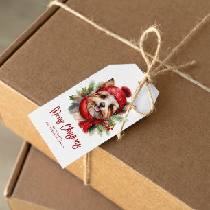 Watercolor jul Yorkie Hund Presentetikett