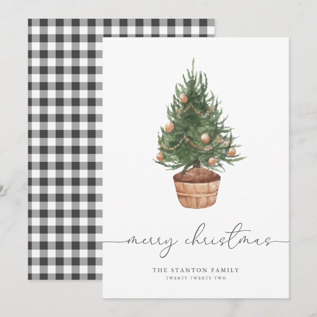 Watercolor Julgran Gingham | Helgdag kort (Fram/baksida)