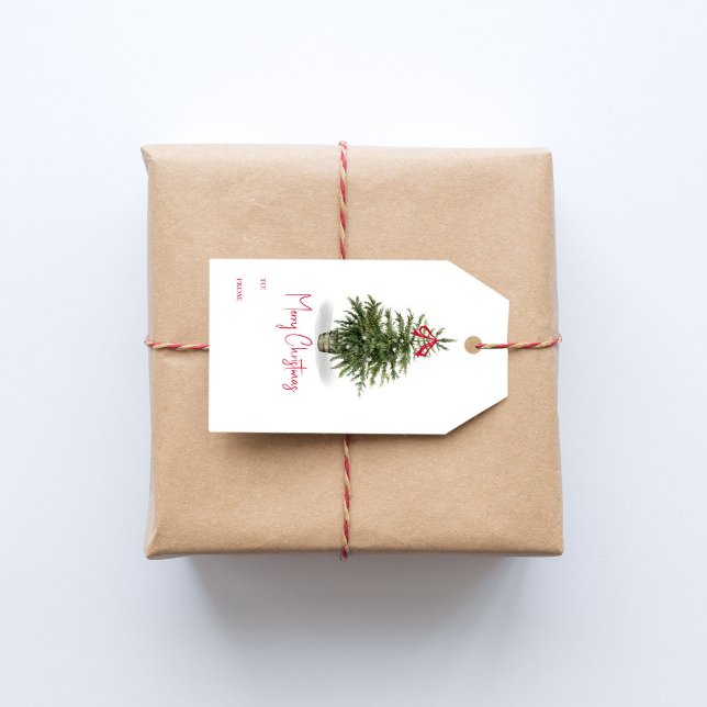 Watercolor Julgran God jul Presentetikett (Merry Christmas watercolor Christmas tree holiday gift tag,)