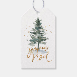 Watercolor Julgran Guld Joyeux Noel Presentetikett
