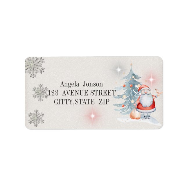 Watercolor Julgran, Jultomten Adressetikett (Framsidan)
