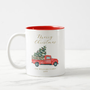 Watercolor Julgran & Red Lastbil Merry X'mas Två-Tonad Mugg