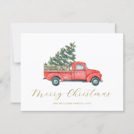 Watercolor Julgran & Red Lastbil Merry X'mas Vykort