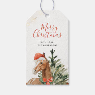Watercolor Julgran Santa Horse Presentetikett