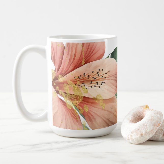 Watercolor Jungle Blommigts Peach Guld Stänk Kaffemugg (Med munk)