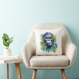 Watercolor Jungle Gorilla with Sunglasses & Blad Kudde