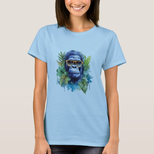 Watercolor Jungle Gorilla with Sunglasses & Blad T Shirt (Framsida)