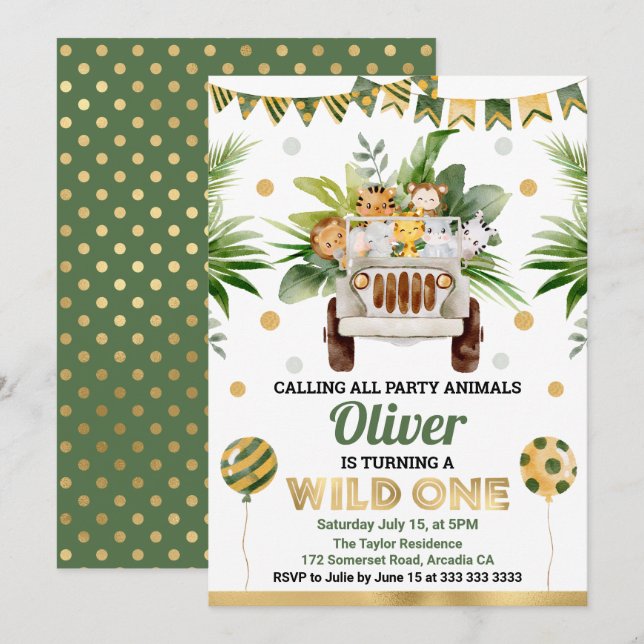 Watercolor Jungle Safari Animals Barns födelsedag Inbjudningar (Fram/baksida)