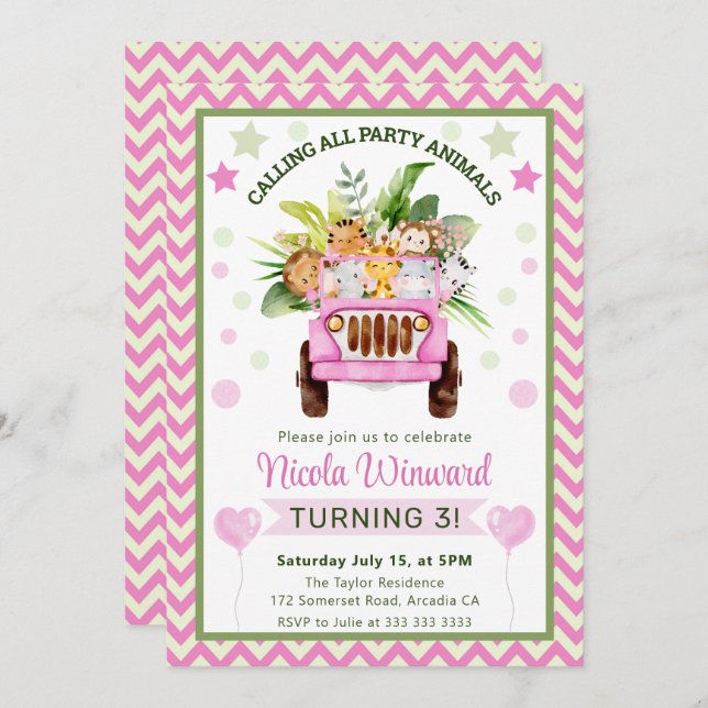 Watercolor Jungle Safari Animals Birthday Inbjudningar (Fram/baksida)