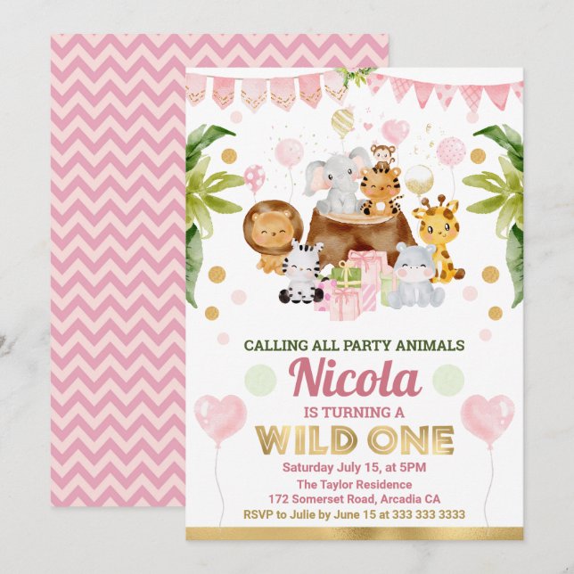 Watercolor Jungle Safari Animals Girls Birthday Inbjudningar (Fram/baksida)