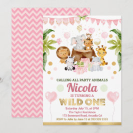 Watercolor Jungle Safari Animals Girls Birthday Inbjudningar