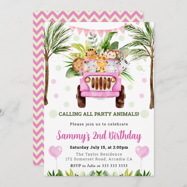 Watercolor Jungle Safari Animals Girls Birthday Inbjudningar (Fram/baksida)