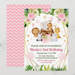 Watercolor Jungle Safari Animals Girls Birthday Inbjudningar