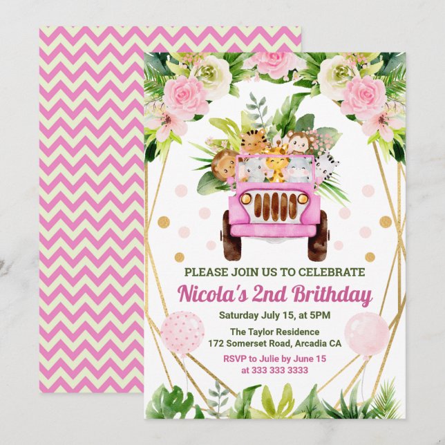 Watercolor Jungle Safari Animals Girls Birthday Inbjudningar (Fram/baksida)