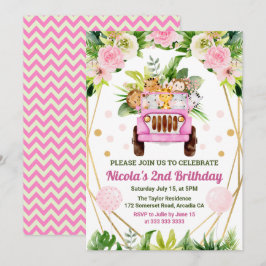 Watercolor Jungle Safari Animals Girls Birthday Inbjudningar