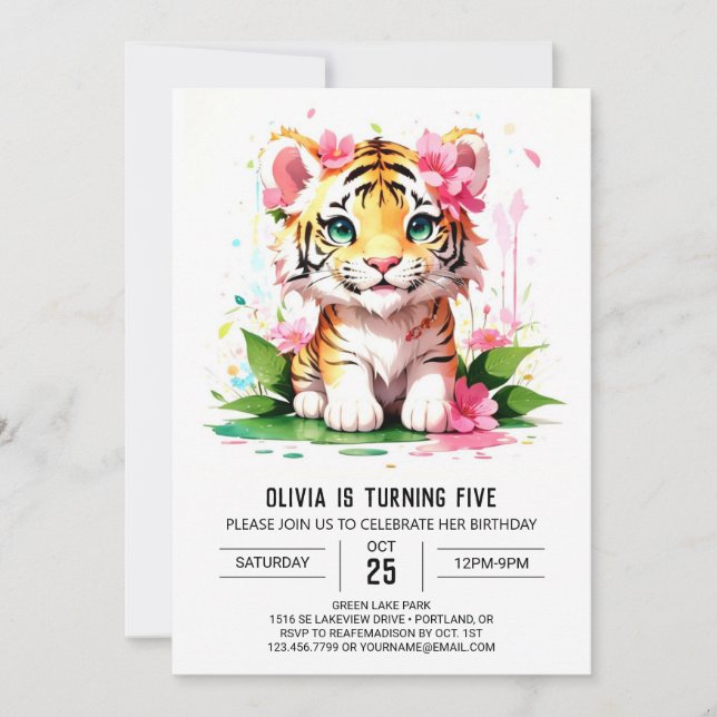 Watercolor Jungle Tiger Girl Birthday Inbjudningar (Framsida)