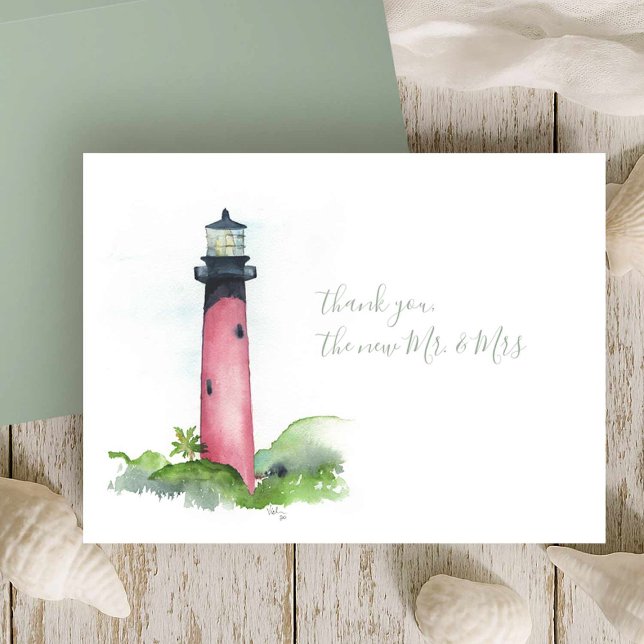Watercolor Jupiter Lighthouse Tack Stationery Anteckningskort (Beach wedding in Florida custom thank you cards Jupiter lighthouse watercolor Victoria Grigaliunas)