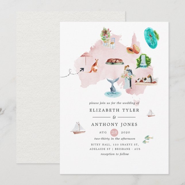 Watercolor Karta i Australien Destination Wedding Inbjudningar (Fram/baksida)