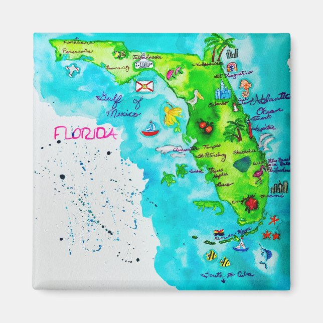 Watercolor Karta i Florida Magnet (Framsidan)