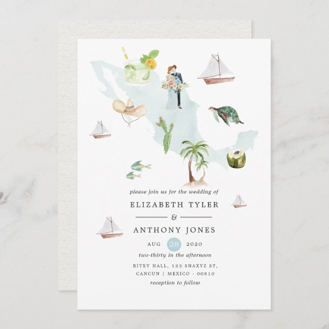 Watercolor Karta i Mexiko Destination Wedding Inbjudningar (Fram/baksida)