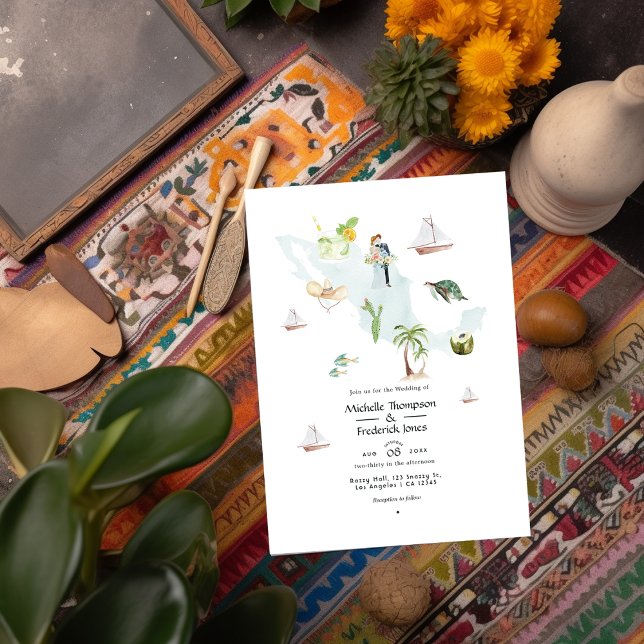 Watercolor Karta i Mexiko Destination Wedding Phot Inbjudningar (Skapare uppladdad)