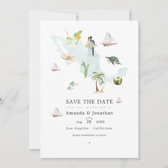 Watercolor Karta i Mexiko Destination Wedding Spara Datumet (Framsida)