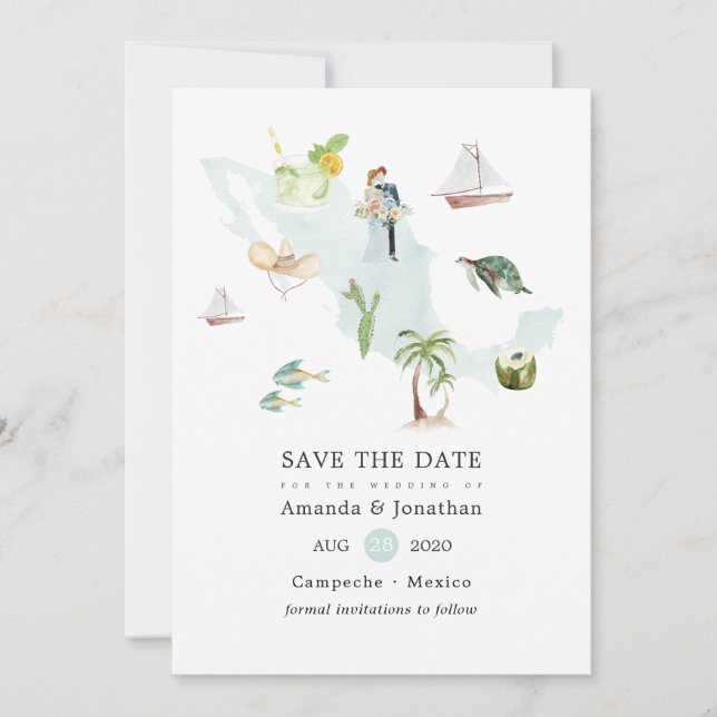 Watercolor Karta i Mexiko Destination Wedding Spara Datumet (Framsida)