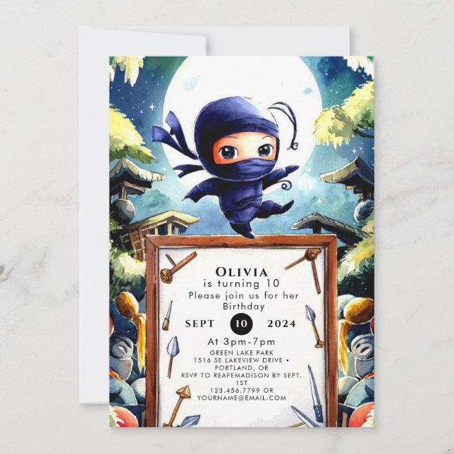 Watercolor Kids Ninja Birthday Inbjudningar (Framsida)