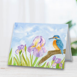 Watercolor Kingfisher with Purple Irises  Anteckningskort