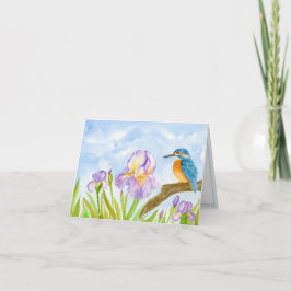 Watercolor Kingfisher with Purple Irises  Anteckningskort