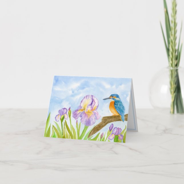 Watercolor Kingfisher with Purple Irises  Anteckningskort (Framsida)
