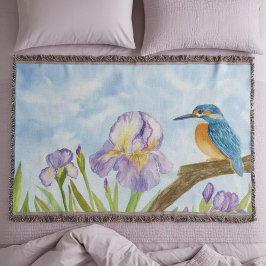 Watercolor Kingfisher with Purple Irises Filt