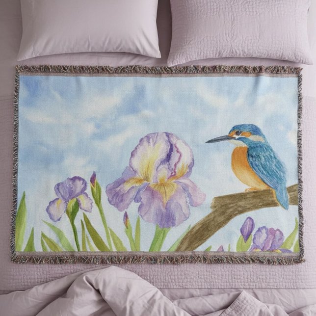 Watercolor Kingfisher with Purple Irises Filt (Skapare uppladdad)
