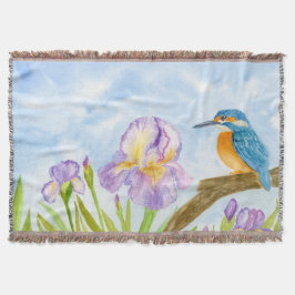 Watercolor Kingfisher with Purple Irises Filt