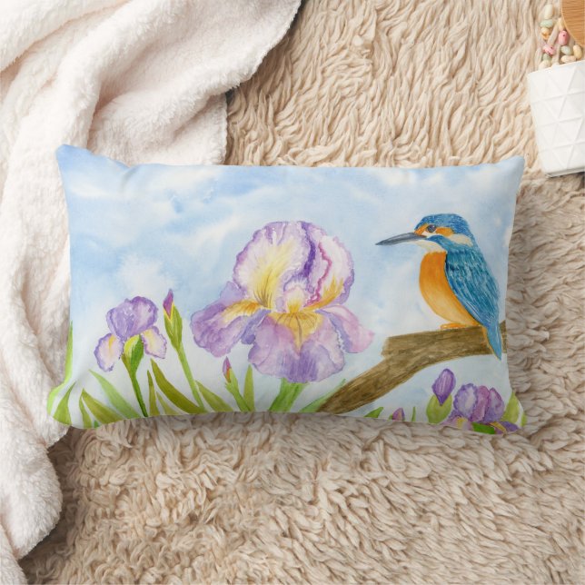 Watercolor Kingfisher with Purple Irises  Lumbarkudde (Filt)