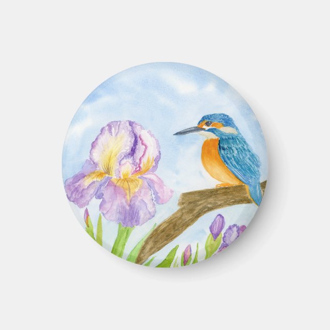 Watercolor Kingfisher with Purple Irises Magnet (Framsidan)