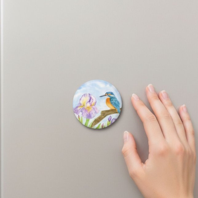 Watercolor Kingfisher with Purple Irises Magnet (Skapare uppladdad)