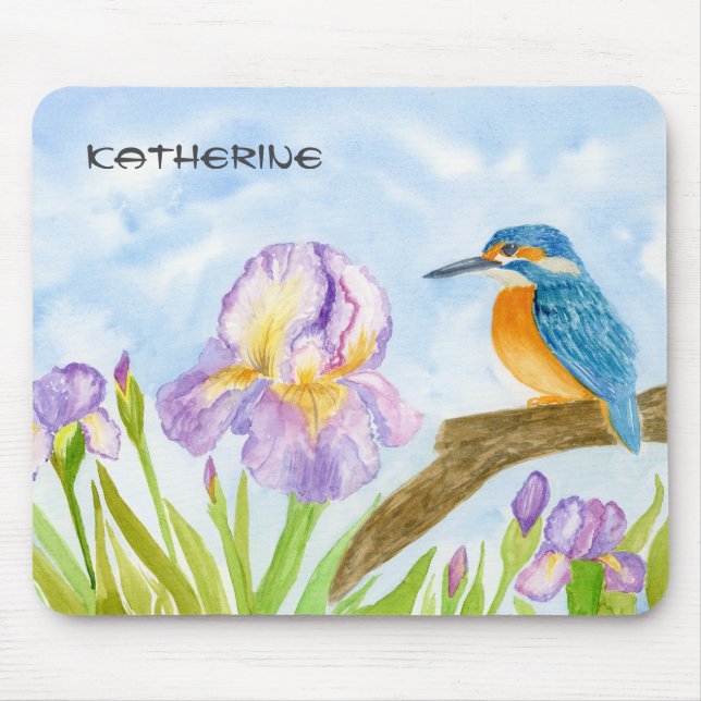 Watercolor Kingfisher with Purple Irises  Musmatta (Framsidan)